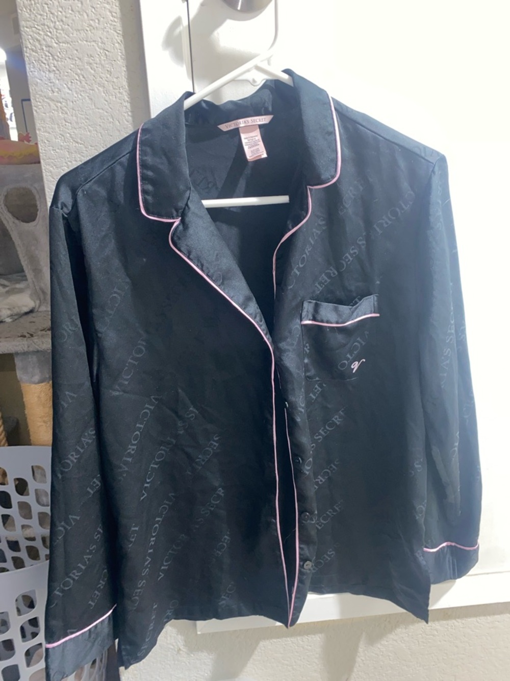 Victoria's Secret Black Satin Button-Front Pajama Top with Pink Piping